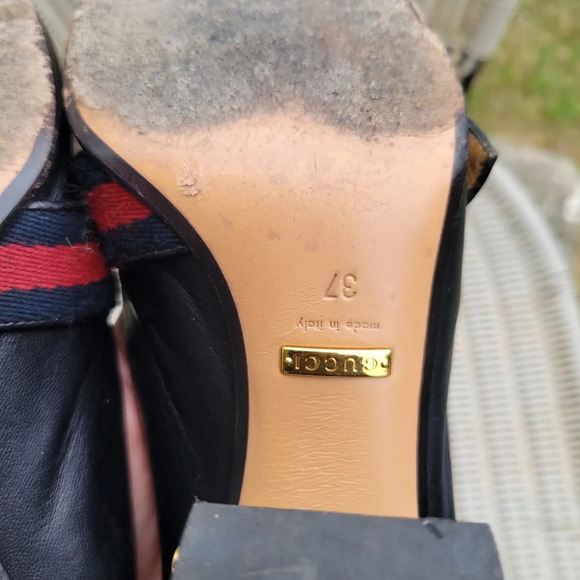 GUCCI Peyton Pearl GG Embellished Web Black Leather Mid-Heel Loafers 37 - Picture 11 of 13